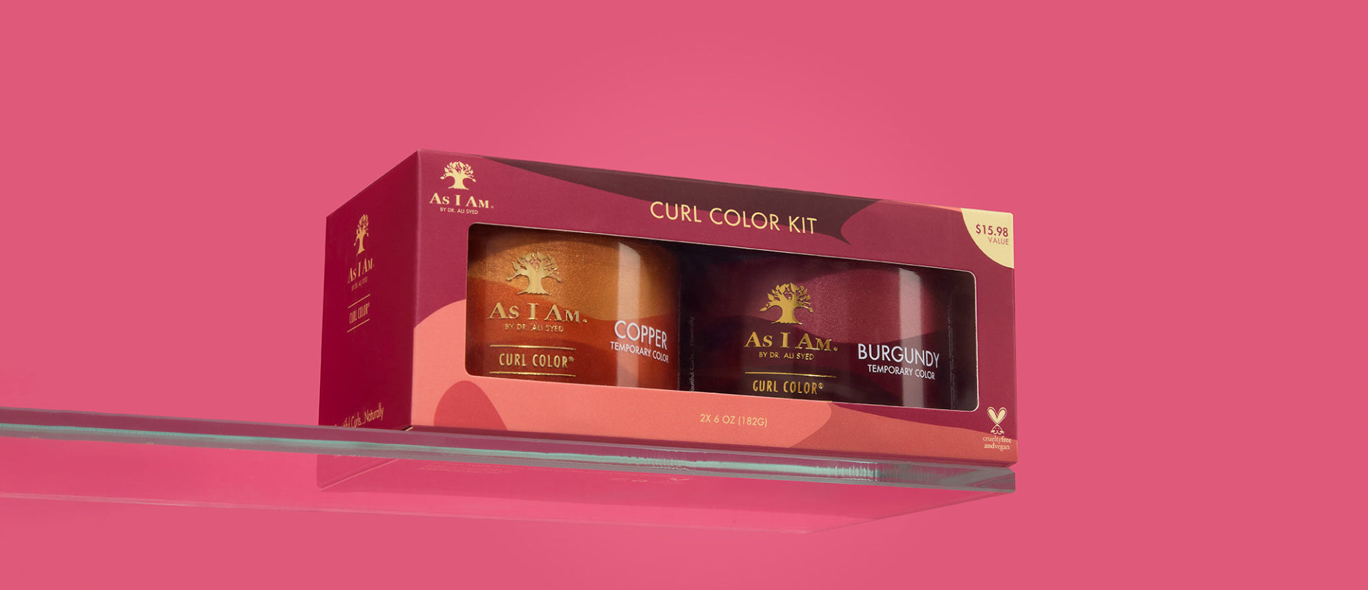 As I Am x Showy Curl Color Kit - set met opvallende tijdelijke haarkleurgels ontworpen om krullen te verbeteren met rijk pigment en glans, getoond in liggende weergave met co-branded verpakking.