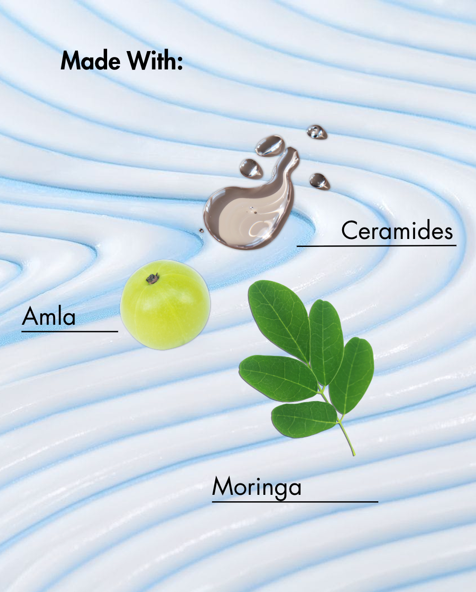 Diagram met Amla, Moringa en Ceramiden op een golvende blauwe achtergrond.