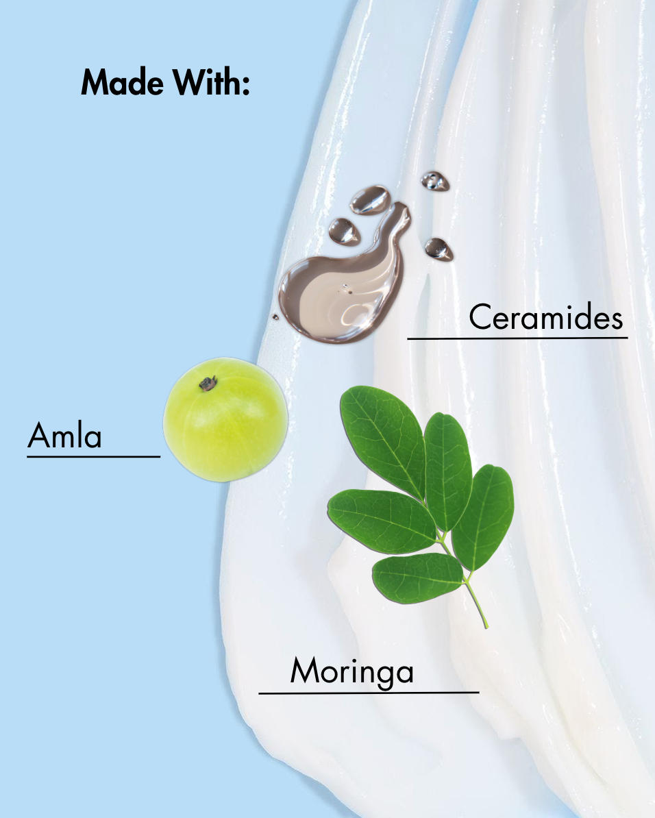 Product met het label 'Made With:' met Amla, Ceramiden en Moringa op een lichtblauwe achtergrond.