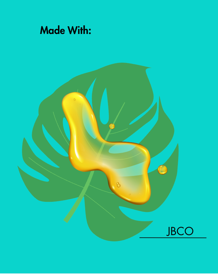 Voorwerp in de vorm van een bladgoud op een groen blad met de tekst "Made With:" en "JBCO" op een groenblauwe achtergrond