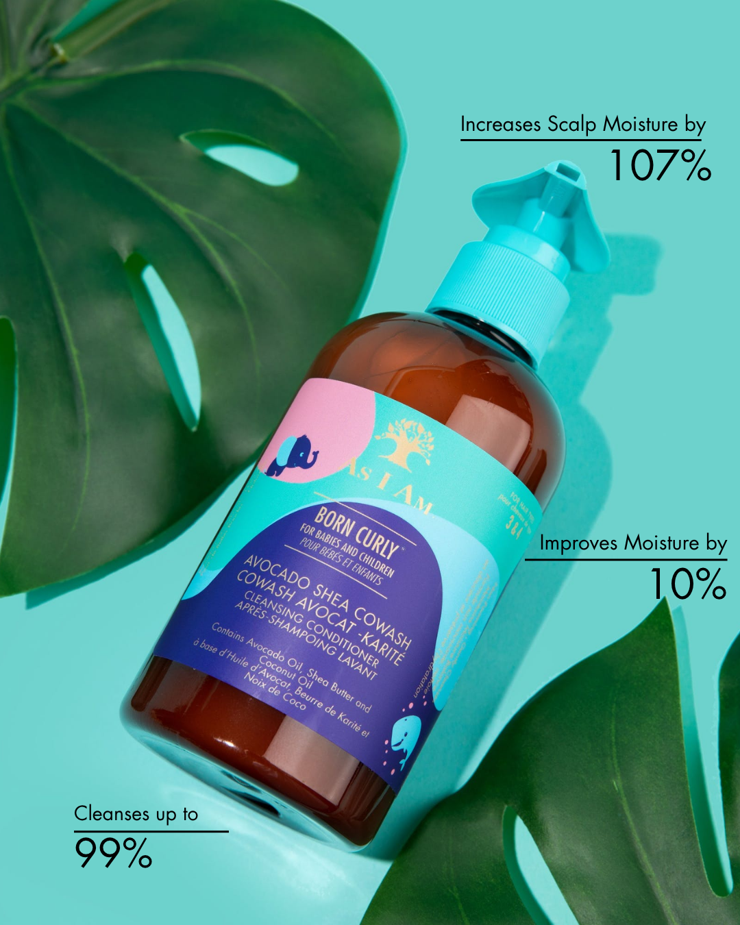 Fles haarverzorgingsproduct met groene bladeren op een lichtblauwe achtergrond