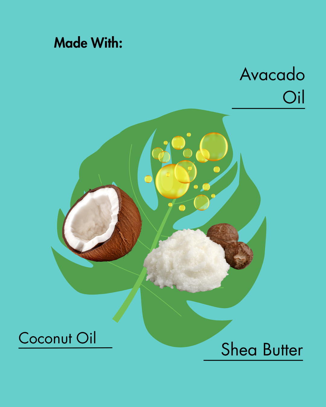 Illustratie van avocado, kokosnoot en sheaboter met tekst op groenblauwe achtergrond