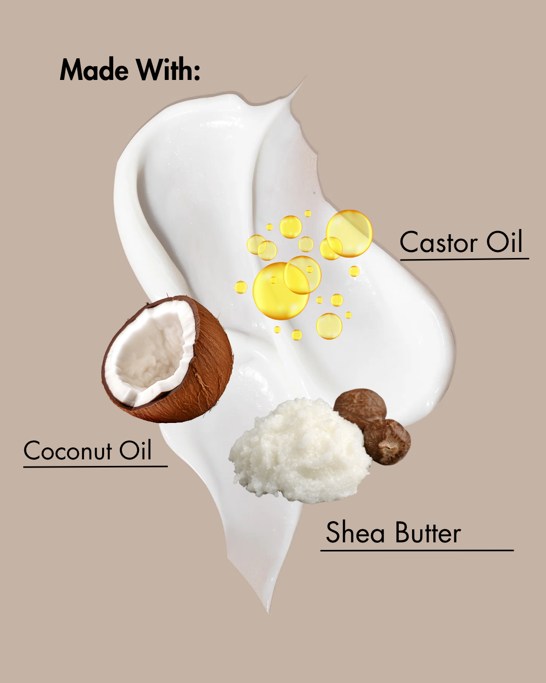 Illustratie van een huidverzorgingsproduct met kokosolie, sheaboter en ricinusolie op een beige achtergrond.