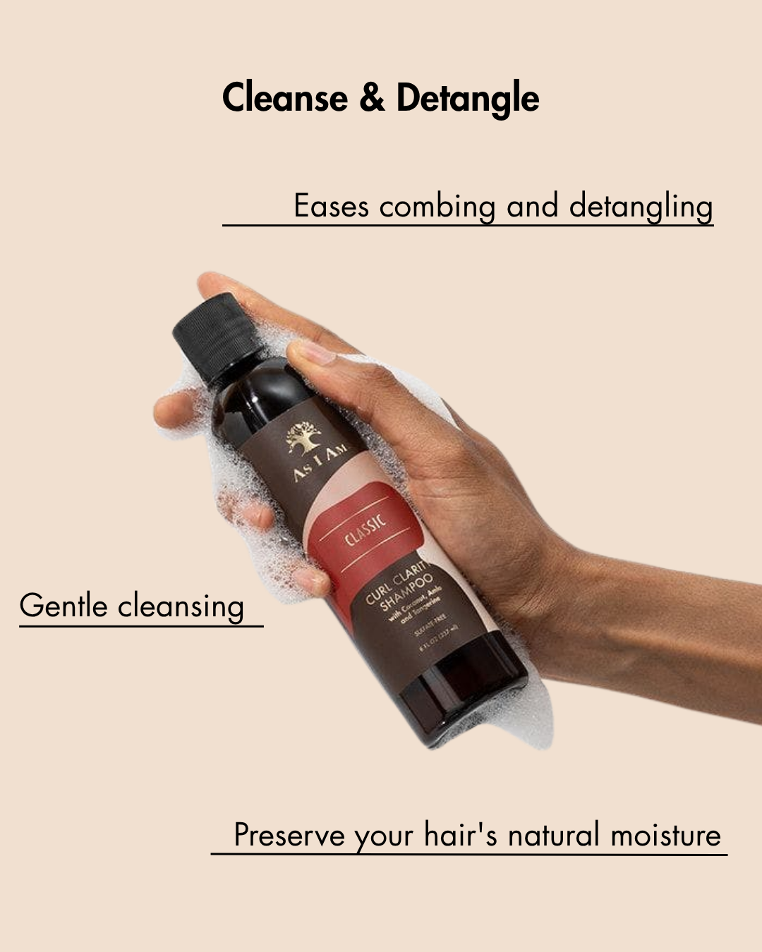 Hand die een fles haarverzorgingsproduct met tekst op een beige achtergrond houdt