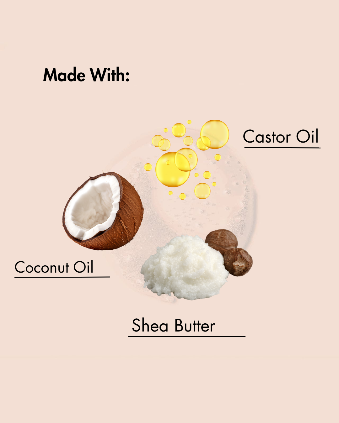 Ingrediënten vermeld als 'Gemaakt met:' waaronder kokosolie, sheaboter en ricinusolie op een beige achtergrond.