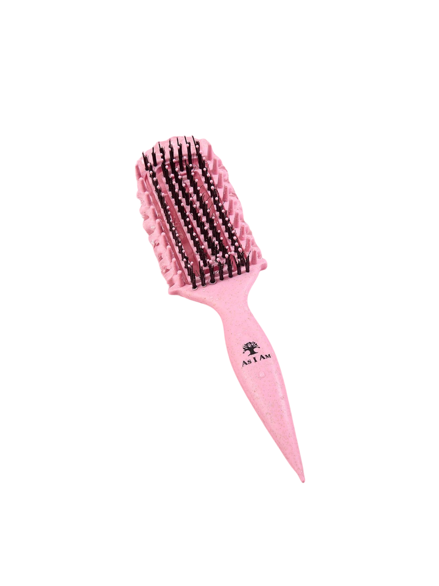 Roze haarborstel met zwarte haren op een witte achtergrond