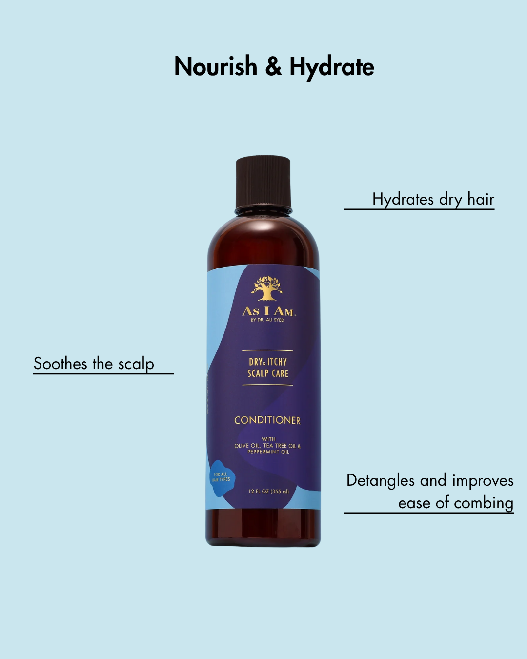 Fles As I Am Dry Itchy Scalp Care Conditioner op een lichtblauwe achtergrond