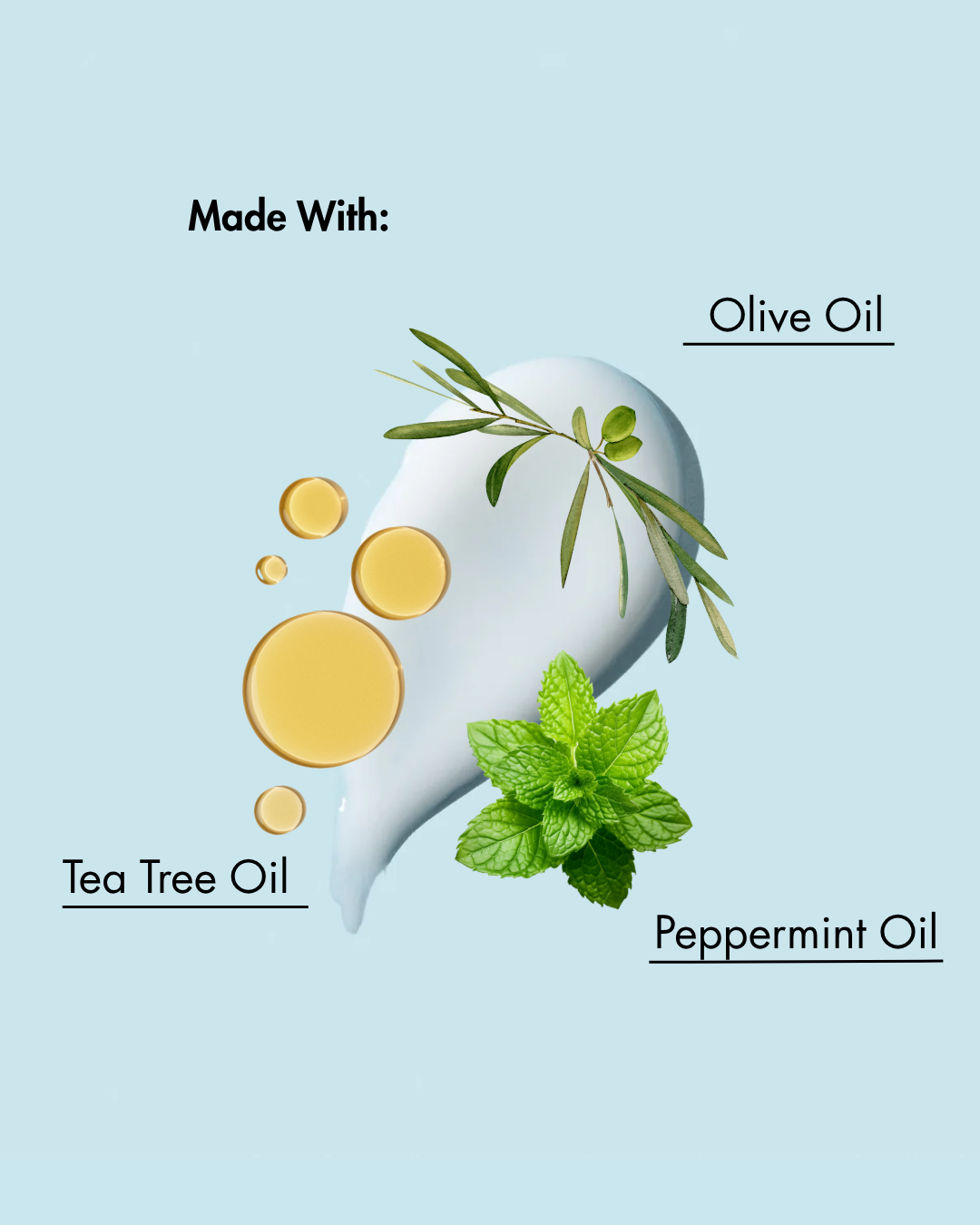 Product met olijfolie, tea tree olie en pepermuntolie op een lichtblauwe achtergrond