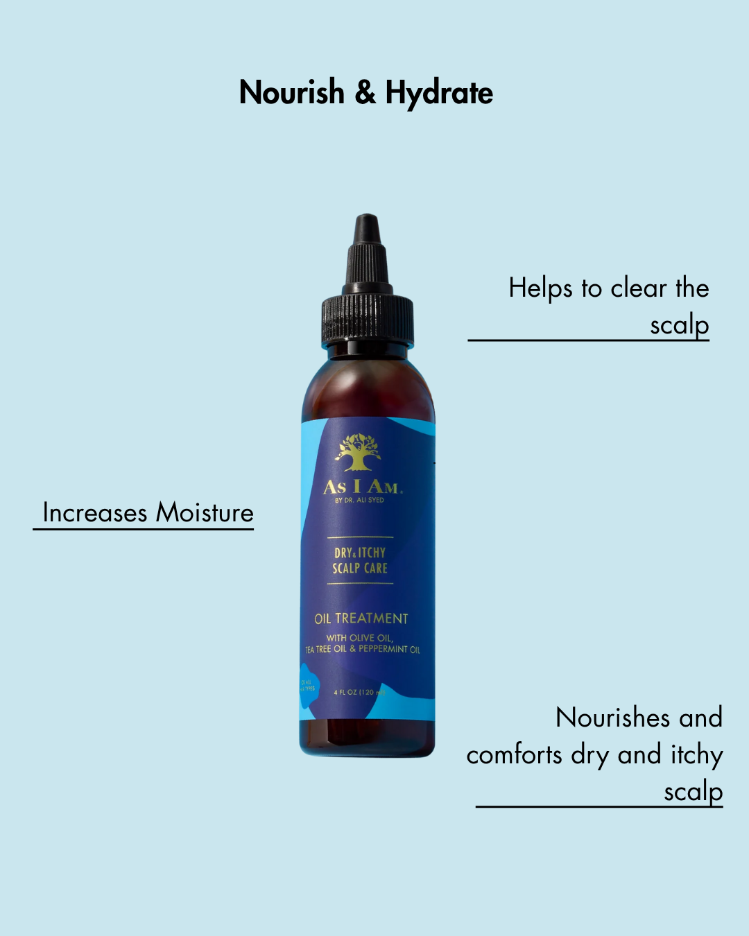 Flesje As I Am Scalp Care Oil Treatment op een lichtblauwe achtergrond met tekst over de voordelen.
