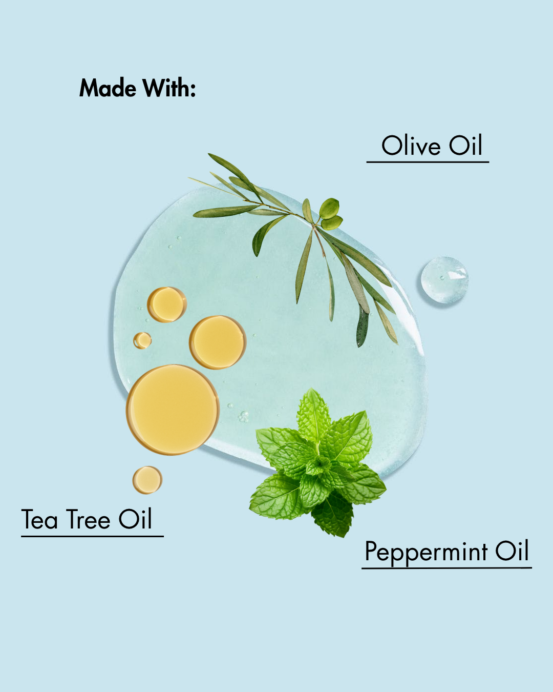 Druppels olijfolie, tea tree olie en pepermuntolie met bladeren op een lichtblauwe achtergrond