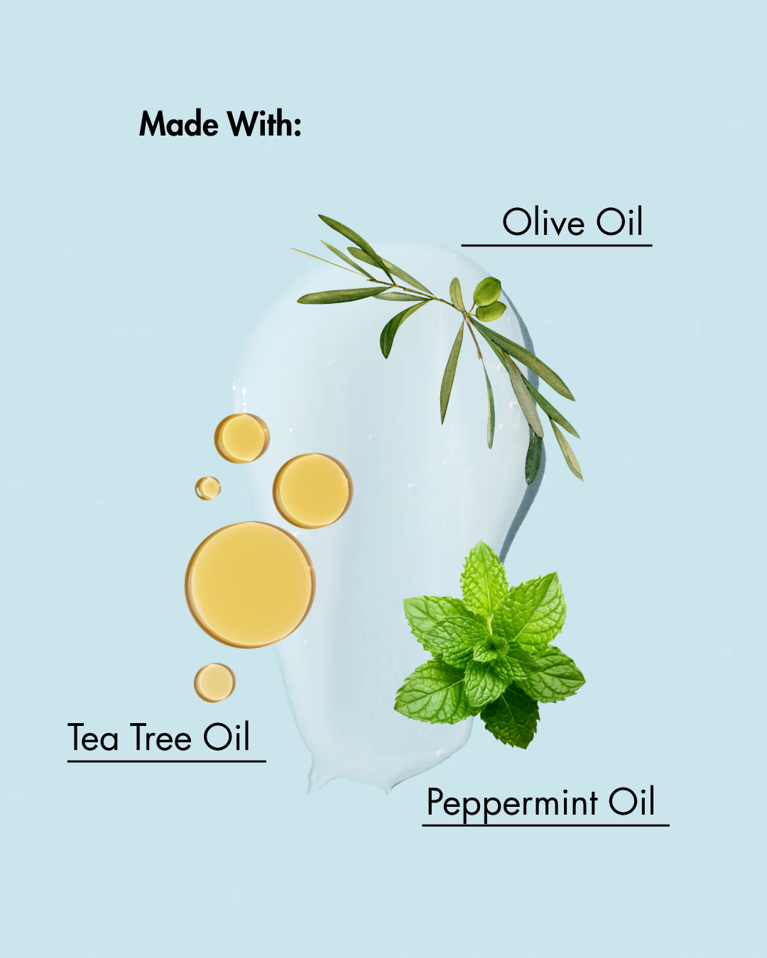 Ingrediënten gebruikt in een product op een lichtblauwe achtergrond met olijfolie, tea tree olie en pepermuntolie afgebeeld.