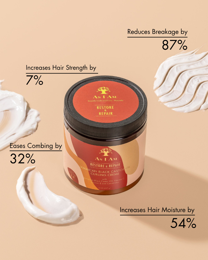 As I Am Restore & Repair pot styling crème met tekst op een beige achtergrond