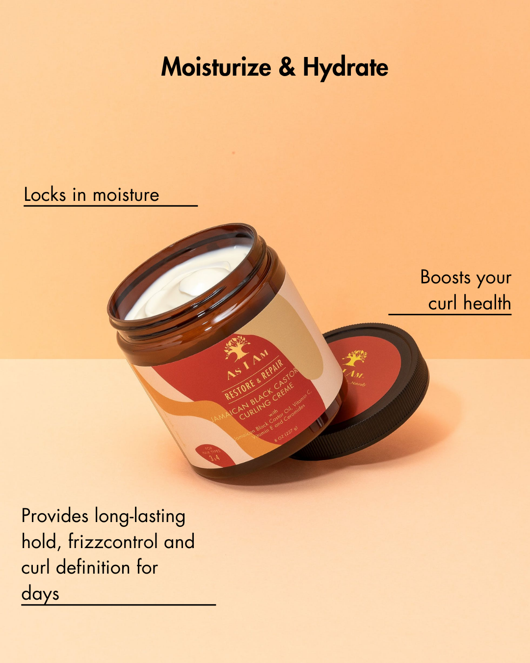 Pot haarverzorgingsproduct met tekst op een beige achtergrond