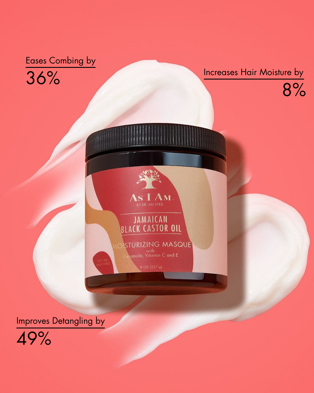 Potje As I Am Jamaican Black Castor Oil Moisturizing Masque met productvoordelen op een roze achtergrond