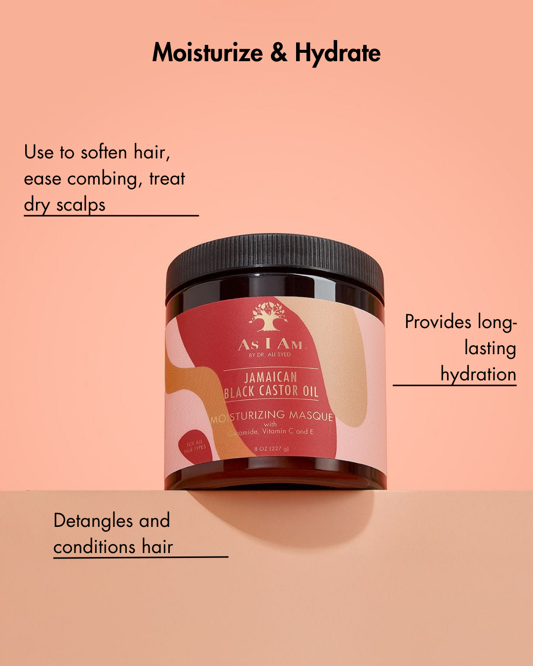 As I Am Jamaican Black Castor Oil vochtinbrengend masker op een perzik achtergrond