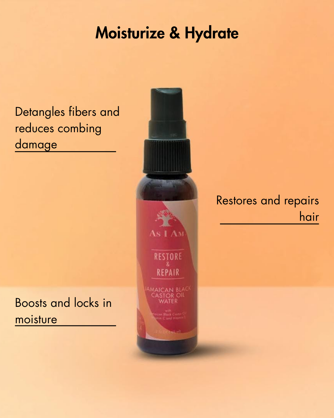 Flesje As I Am Restore & Repair Jamaican Black Castor Oil Water op een achtergrond met kleurverloop