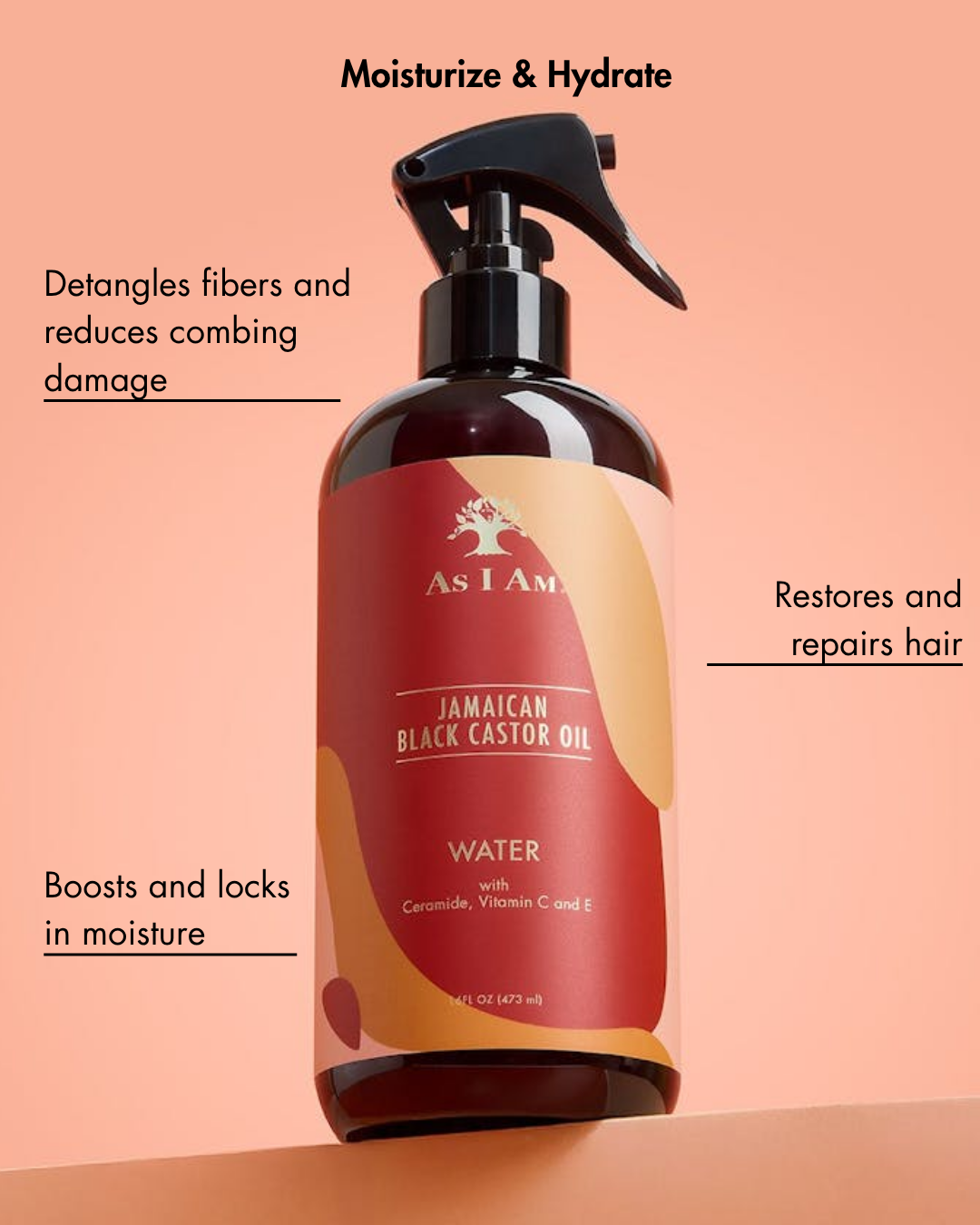 As I Am Jamaican Black Castor Oil Waterfles op een perzik achtergrond met tekst over de voordelen van het product.