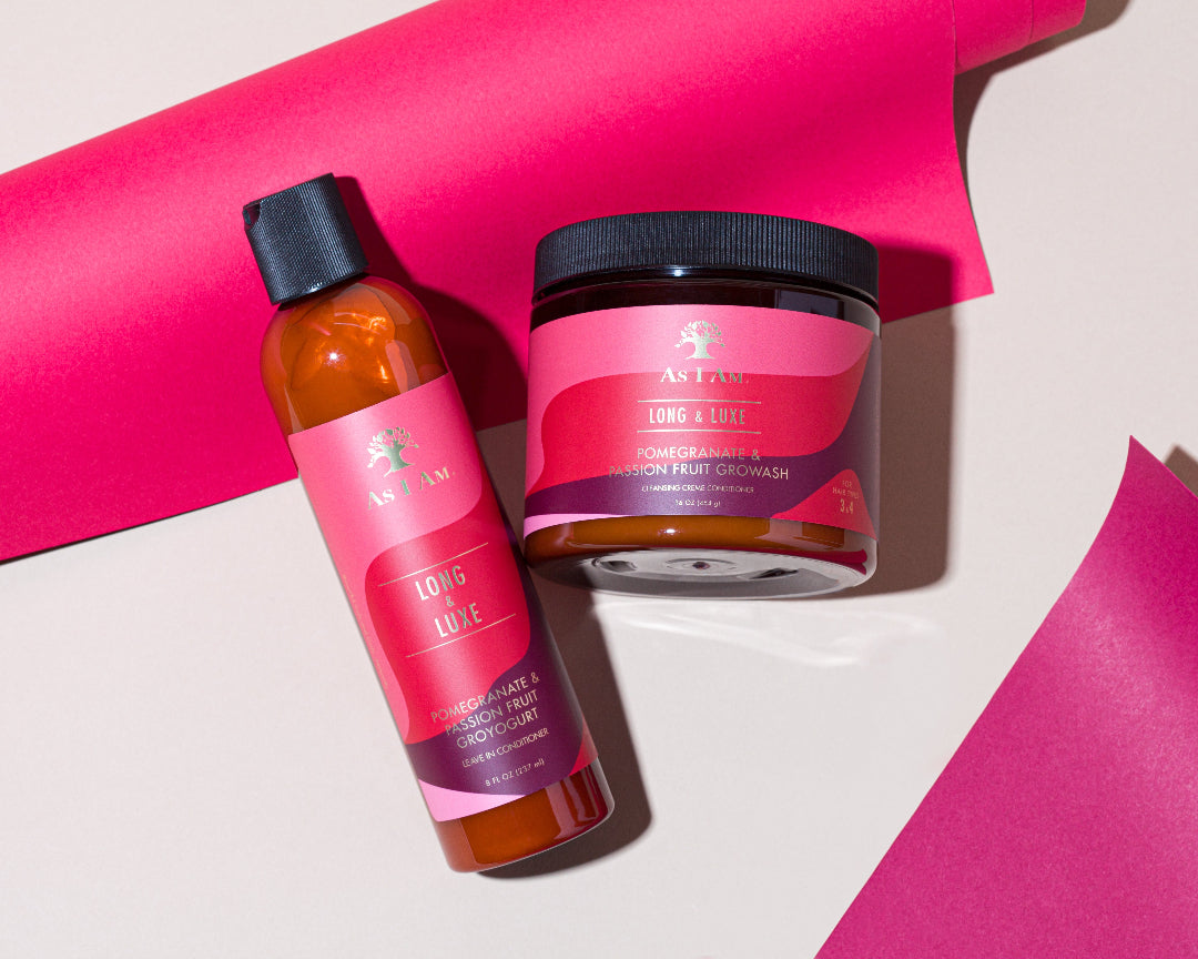 As I Am Long & Luxe GroYogurt en GroWash, een leave-in conditioner en reinigende conditioner ontworpen om te hydrateren, ontwarren en haargroei te bevorderen.