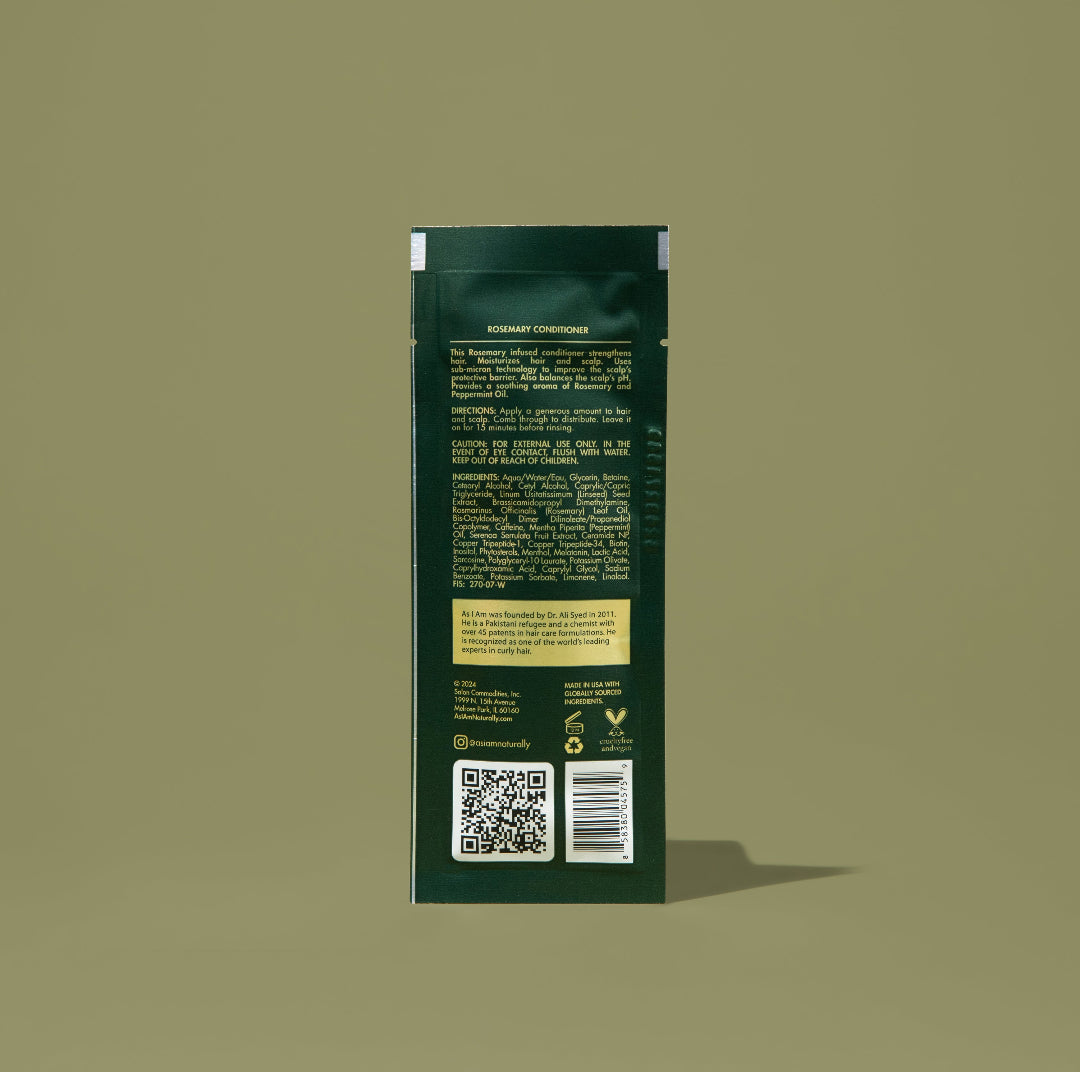 AS I AM Rosemary Conditioner in een zakje van 1 oz, met een rijke, romige textuur - samengesteld om diep te hydrateren, versterken en ontwarren terwijl het de haargroei bevordert, breuk vermindert en de hoofdhuid kalmeert.