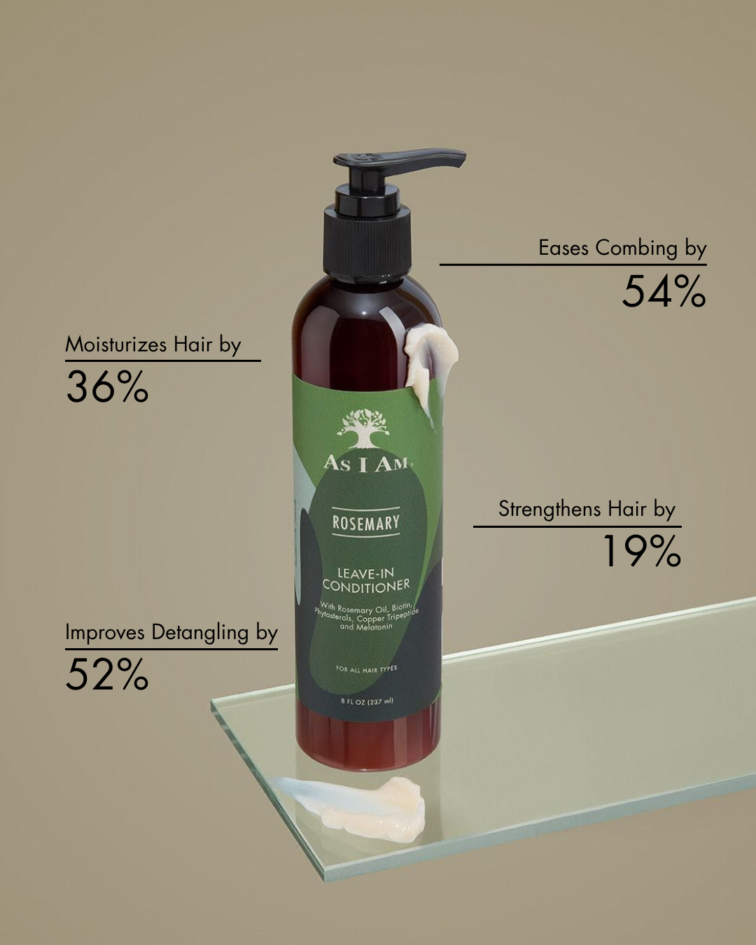 As I Am Rosemary Leave-In Conditioner fles met gebruiksvoordelen op een beige achtergrond