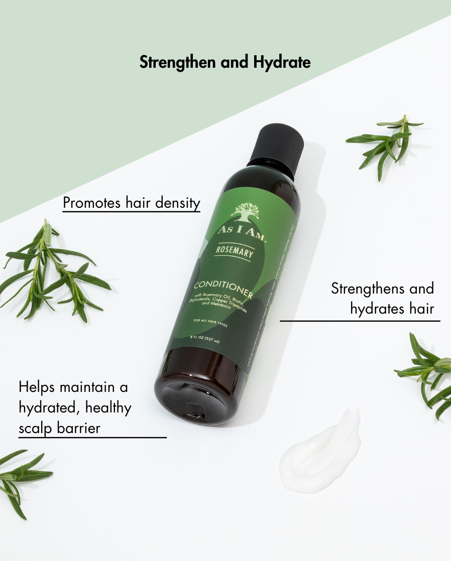 As I Am Rosemary Conditioner fles met tekst op een witte en groene achtergrond