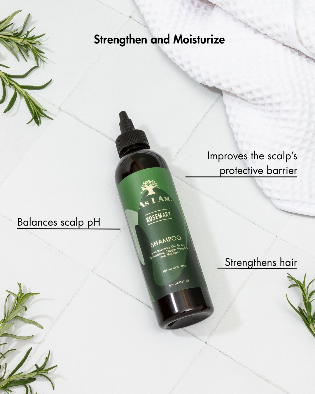 As I Am Rosemary Shampoo fles met tekst die de voordelen benadrukt op een witte achtergrond