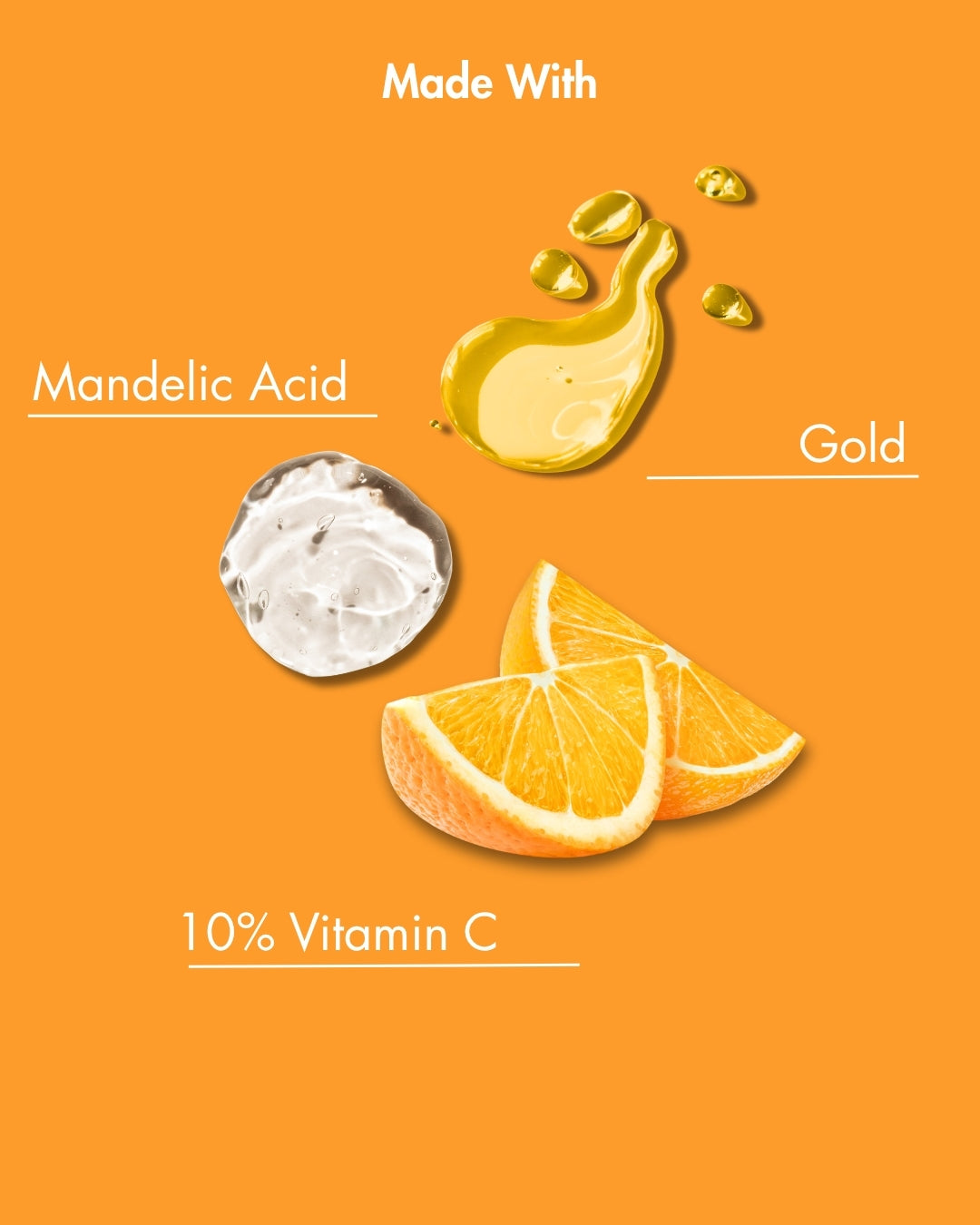 Productingrediënten op een oranje achtergrond met mandelzuur, goud en vitamine C.