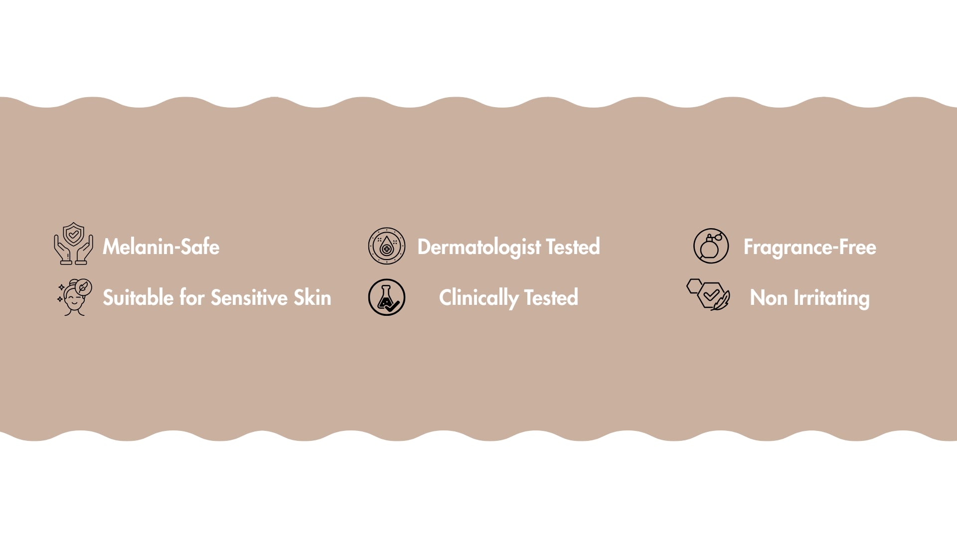 Productlabel met veiligheids- en geschiktheidspictogrammen op een beige achtergrond