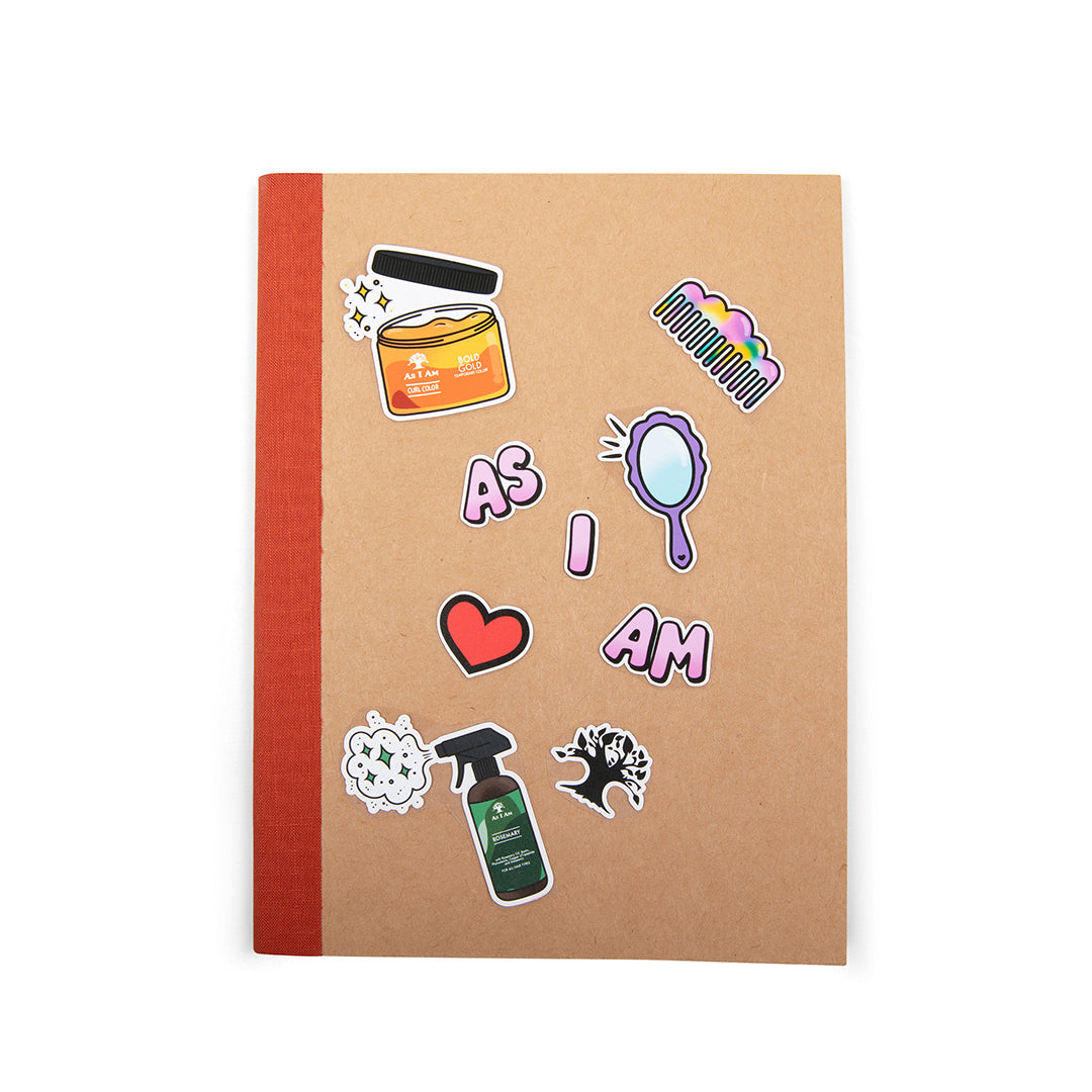 As I Am-merkstickers op een notitieboekje - vierkante afbeelding met kleurrijke, krachtige ontwerpen die natuurlijk haar en zelfexpressie vieren, perfect voor het versieren van persoonlijke voorwerpen.