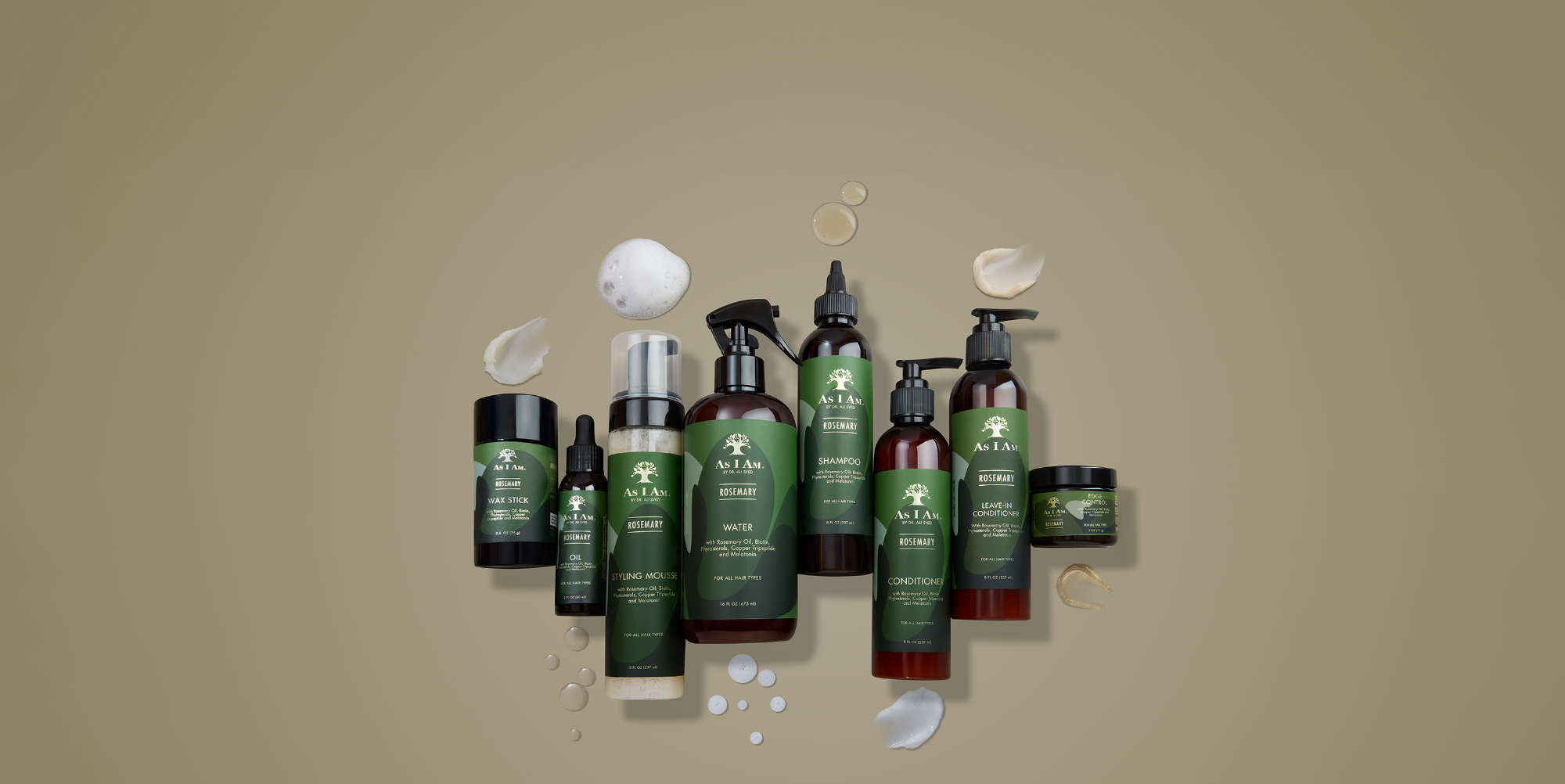 As I Am Rosemary Collection - een 8-products haarverzorgingssysteem verrijkt met rozemarijn, biotine, melatonine, kopertripeptide en ceramiden. Bevat Watermint Shampoo, Conditioner, Leave-In, Wax Stick, Edge Control, Styling Mousse en Hair & Scalp Oil - allemaal samengesteld om het haar te versterken, dikker te maken en een gezonde haargroei te bevorderen terwijl de hoofdhuid gevoed wordt.