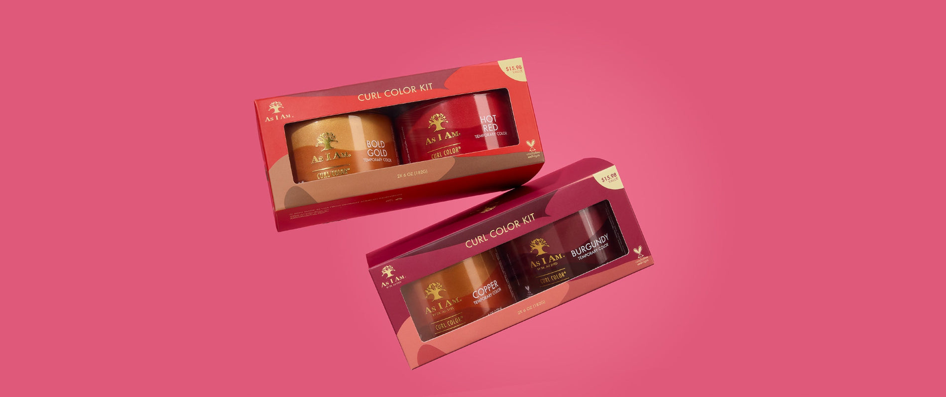 As I Am x Showy Curl Color Kit - front-facing landschapsopname van de limited-edition krulversterkende kleurgel sets, met gewaagde kleuren en co-branded verpakking voor gedefinieerde krullen met levendige glans.