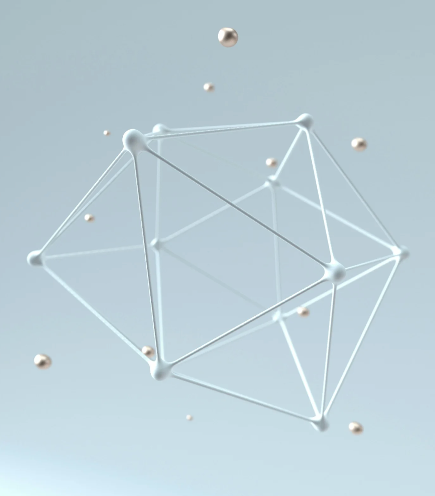 Geometrische structuur met witte staven en zilveren bollen op een lichtblauwe achtergrond