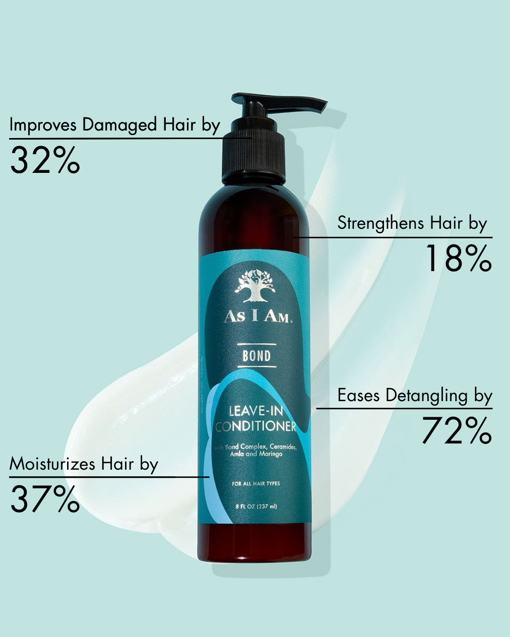 Flesje leave-in conditioner met tekst die de voordelen benadrukt op een lichtblauwe achtergrond