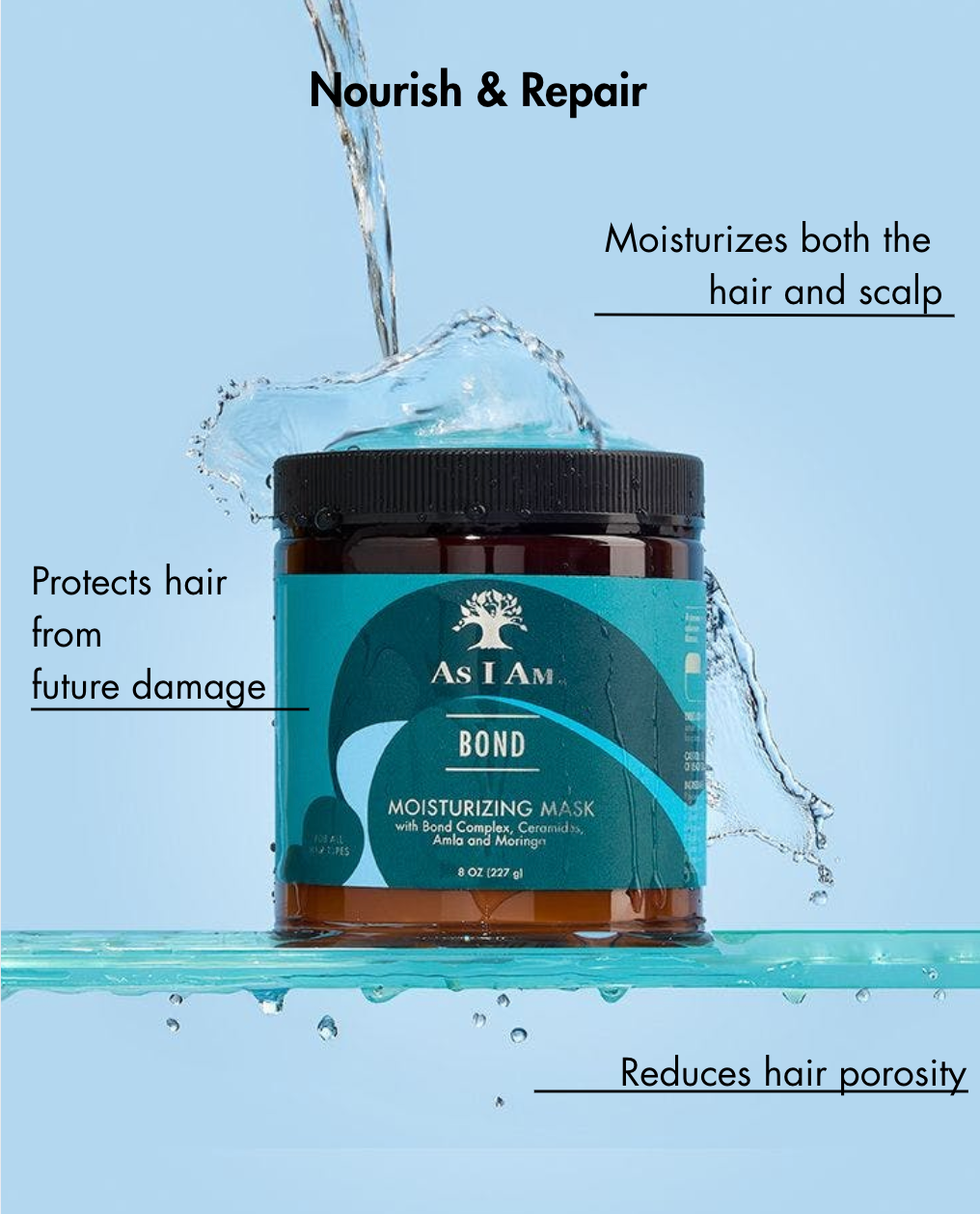 As I Am Bond Moisturizing Mask pot met waterdruppels op een blauwe achtergrond