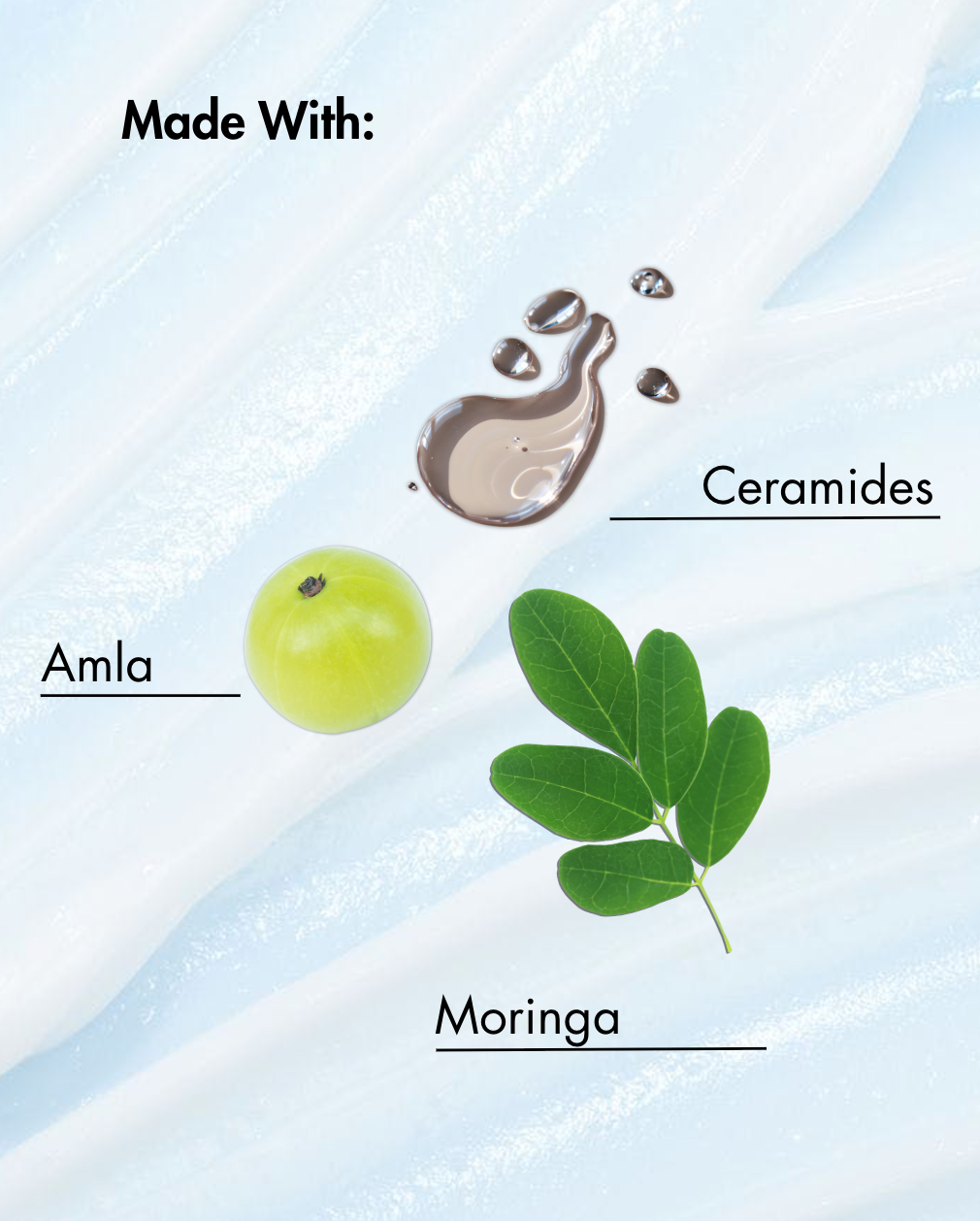 Productlabel met Amla, Moringa en Ceramiden op een lichtblauwe achtergrond