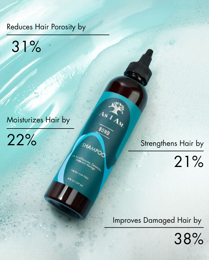 Shampoo fles met tekst die de voordelen benadrukt op een getextureerde achtergrond