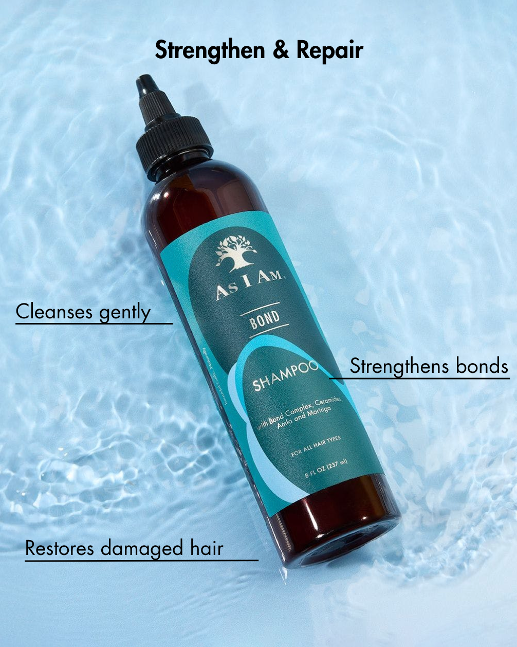 Shampoo fles met blauw label op een blauwe achtergrond met structuur