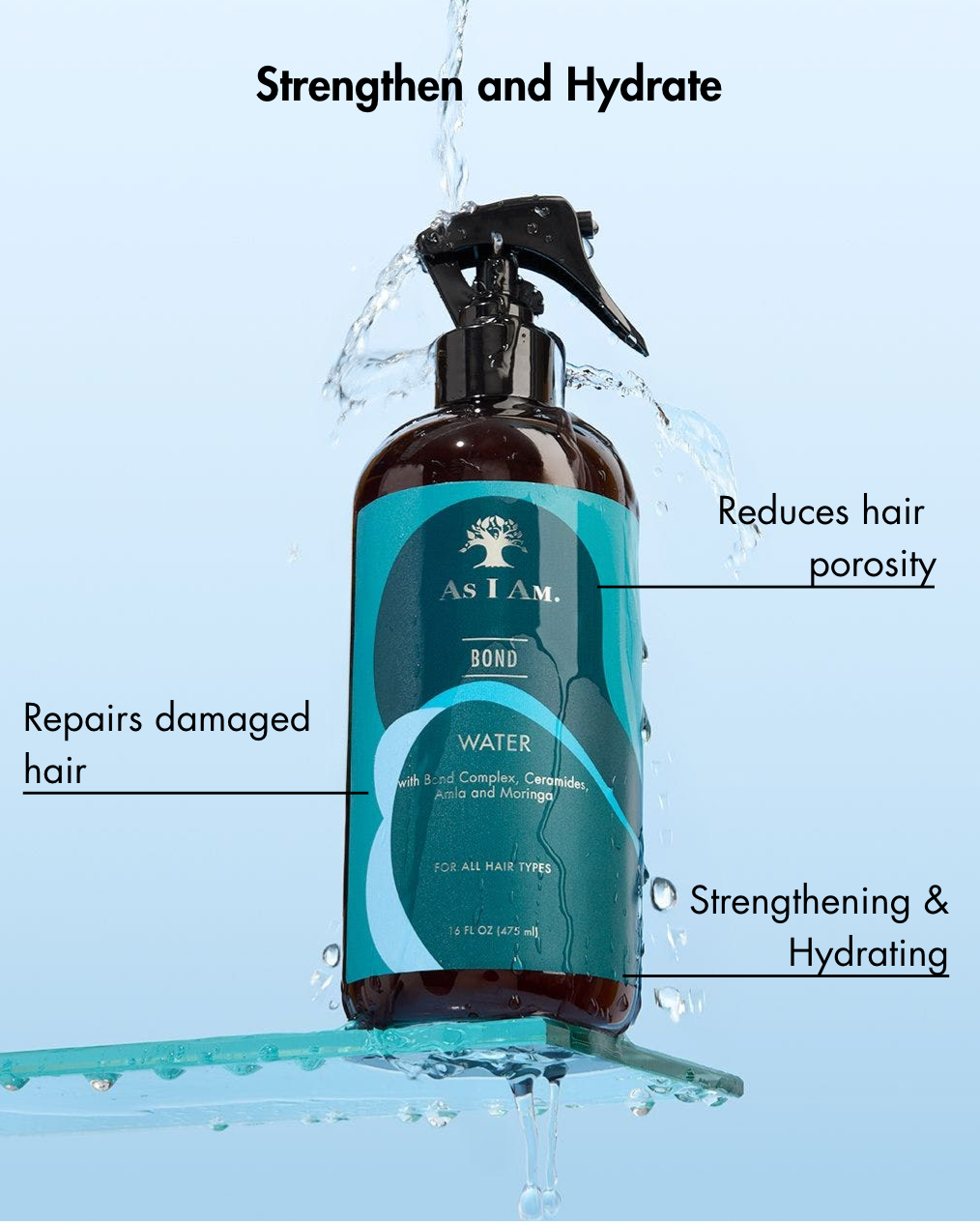 Fles van As I am haarverzorgingsproduct met waterdruppels en tekst die de voordelen benadrukt op een lichtblauwe achtergrond.