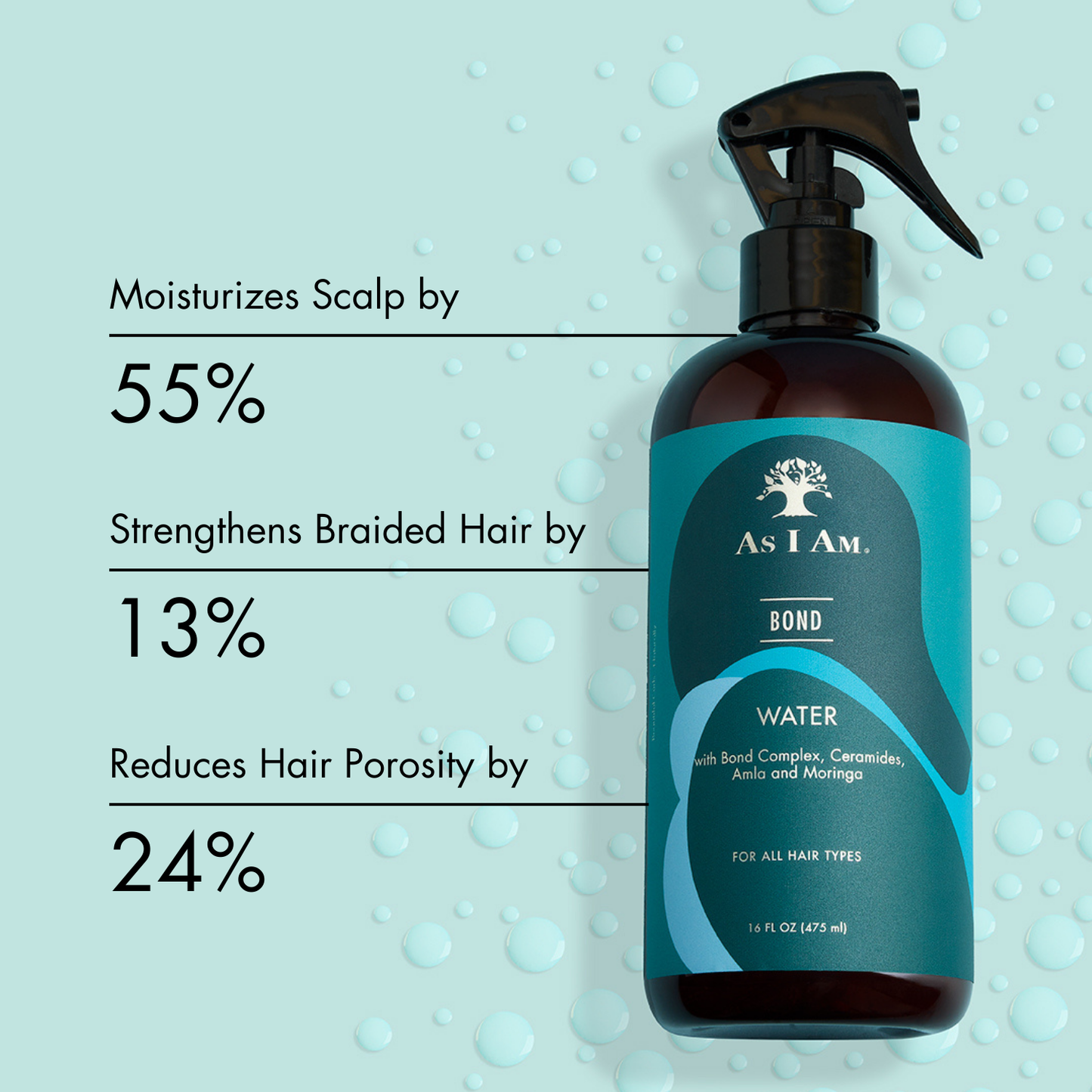Bond Water van As I Am - Een lichtgewicht haarbehandeling die het haar versterkt en hydrateert. Deze revitaliserende mist is geformuleerd om de elasticiteit van het haar te verbeteren, breuk te verminderen en vocht beter vast te houden. Hij is perfect voor alle haartypes en zorgt voor glad en gezond uitziend haar.