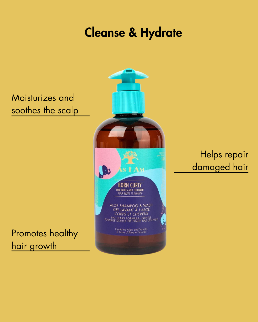 Fles van het haarverzorgingsproduct Born Curly op een gele achtergrond met tekst over de voordelen.