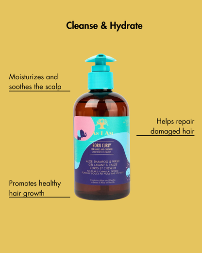 Fles van het haarverzorgingsproduct Born Curly op een gele achtergrond met tekst over de voordelen.
