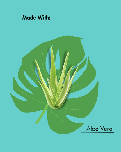Aloë vera plant op een groen blad met 'Made With: Aloe Vera' tekst op een groenblauwe achtergrond