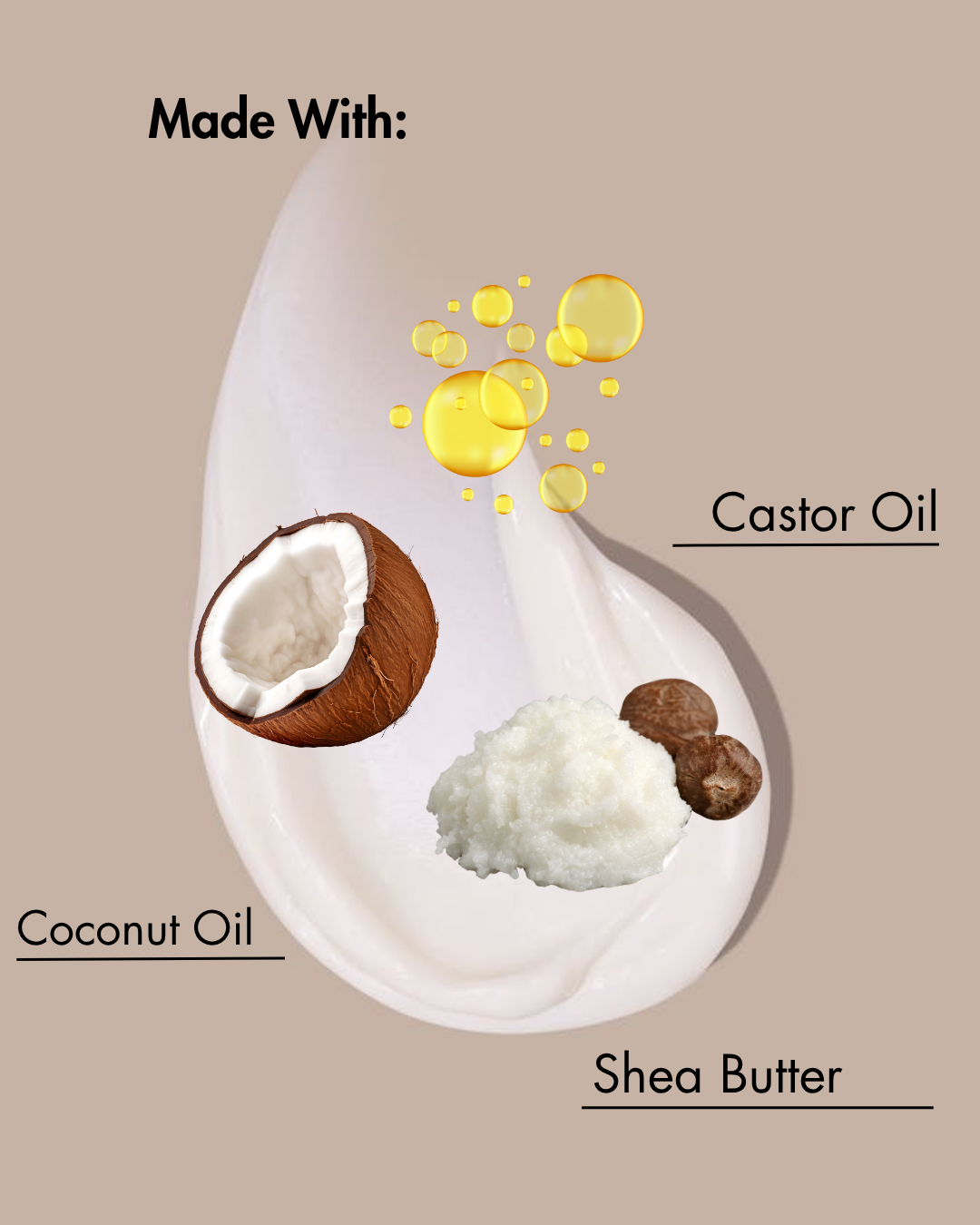 Ingrediënten gebruikt in een product: kokosolie, sheaboter en ricinusolie, weergegeven op een beige achtergrond.