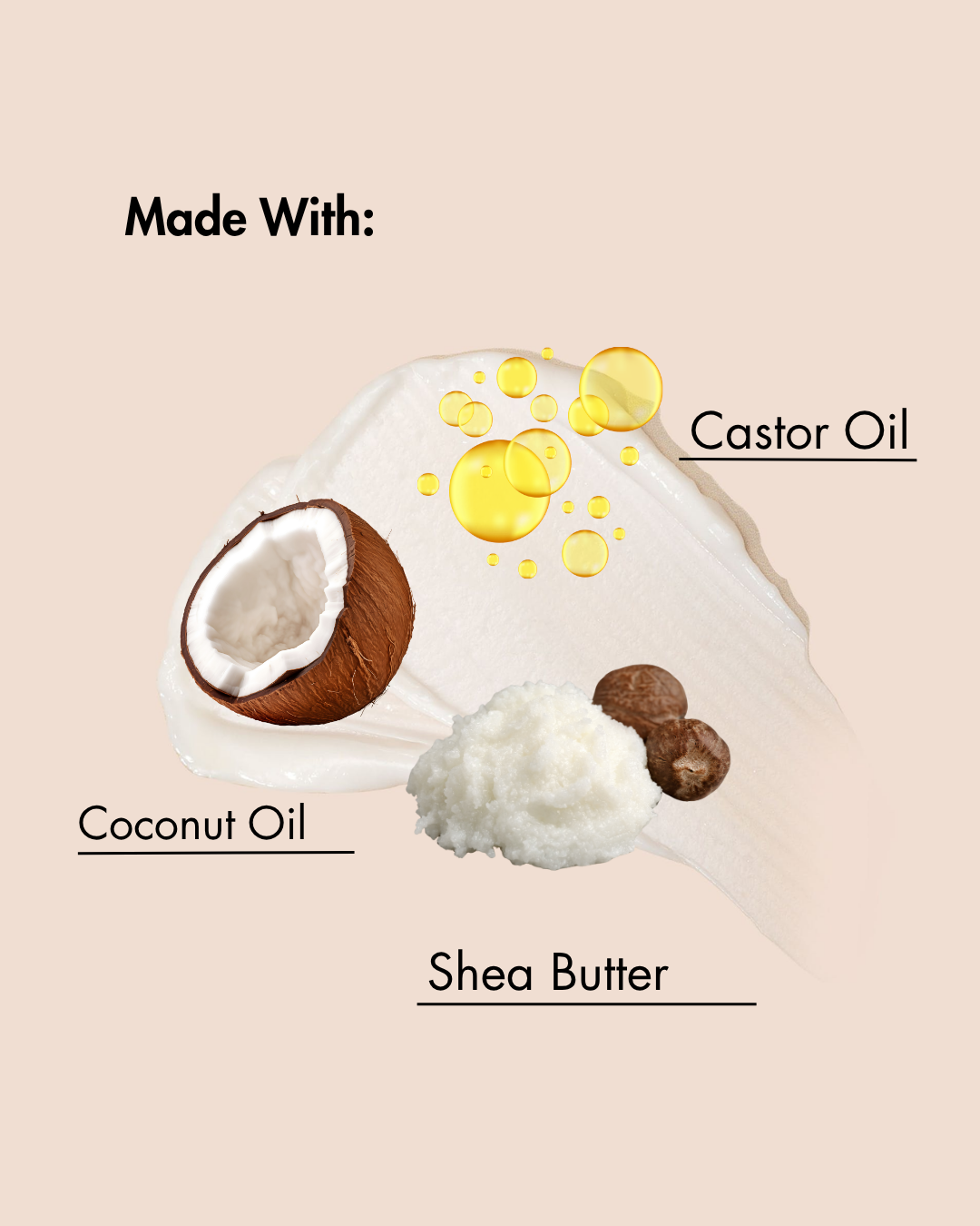 Ingrediënten gebruikt in een product weergegeven met kokosnoot, ricinusolie en sheaboter op een beige achtergrond.
