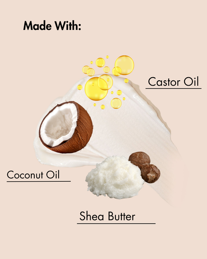 Ingrediënten gebruikt in een product, waaronder kokosolie, sheaboter en ricinusolie, op een beige achtergrond.