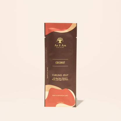 AS I AM Curling Jelly in een zakje van 1 oz, met een heldere, gelachtige textuur. Samengesteld om krullen en bobijnen te definiëren, pluis te minimaliseren en langdurige fixatie met glans en veerkracht te bieden.