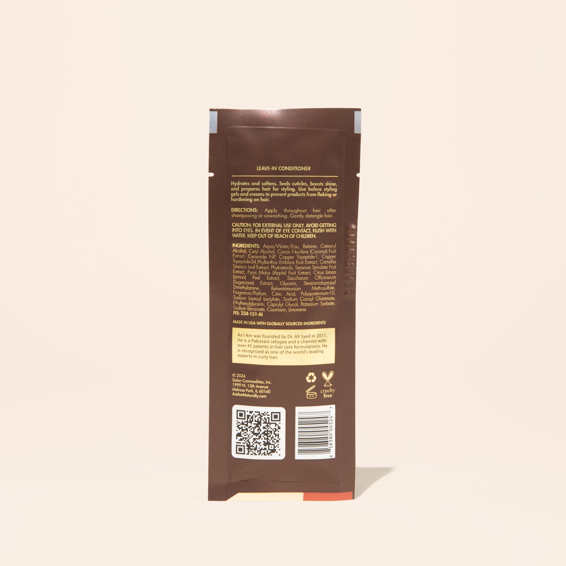 AS I AM Leave-In Conditioner in een zakje van 1 oz, met een lichtgewicht, crèmige textuur - ontworpen om de schubbenlaag glad te maken, vocht toe te voegen, ontwarren te vergemakkelijken en getextureerd haar voor te bereiden op styling terwijl glans en handelbaarheid worden bevorderd.