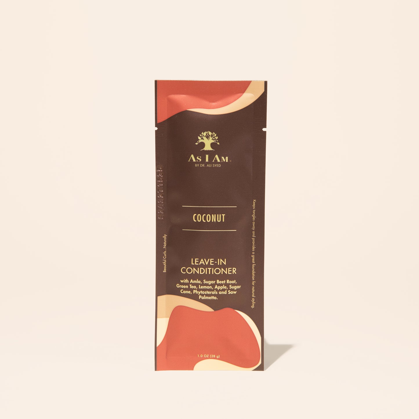 AS I AM Leave-In Conditioner in een zakje van 1 oz, met een lichtgewicht, crèmige textuur - ontworpen om de schubbenlaag glad te maken, vocht toe te voegen, ontwarren te vergemakkelijken en getextureerd haar voor te bereiden op styling terwijl glans en handelbaarheid worden bevorderd.