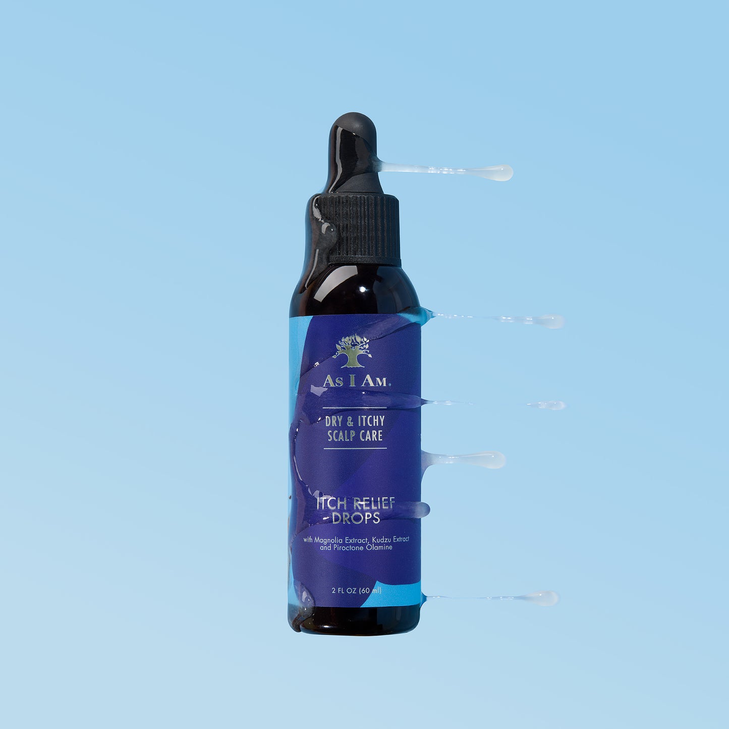 Flesje 'As I Am' jeukverlichtende druppels op een lichtblauwe achtergrond