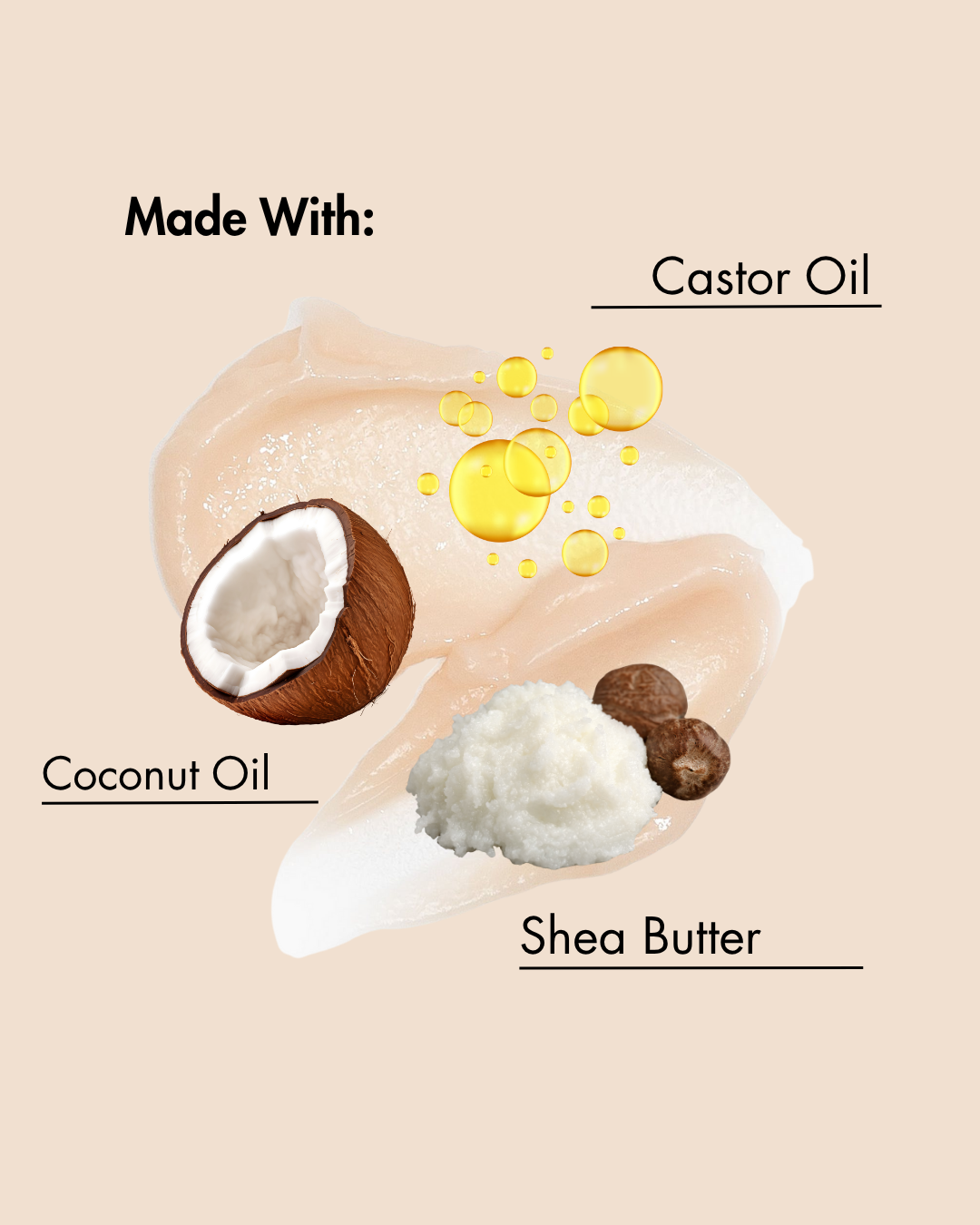 Ingrediënten gebruikt in een product op een beige achtergrond met tekstlabels.